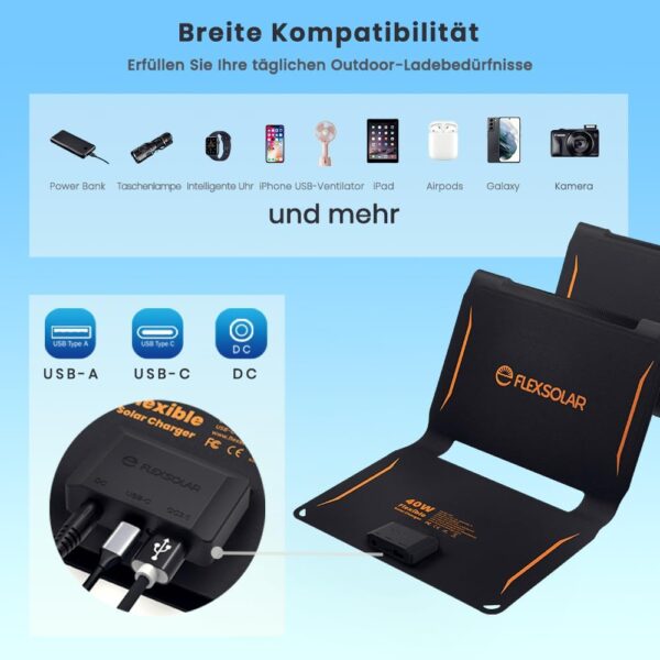 40W Foldable Solar Panel Charger, USB-C USB-A & DC Outputs
